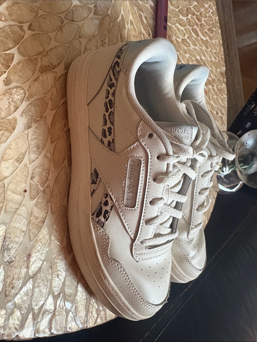 Reebok Women Leather Sneakers in Off-White with Leopard Accent